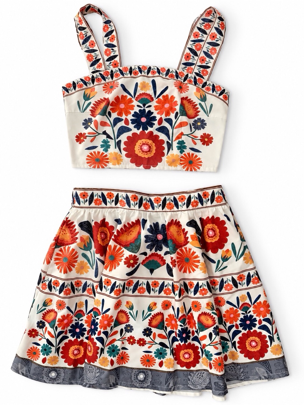 Girls Cream Floral Embroidered Crop Top & Skirt Set